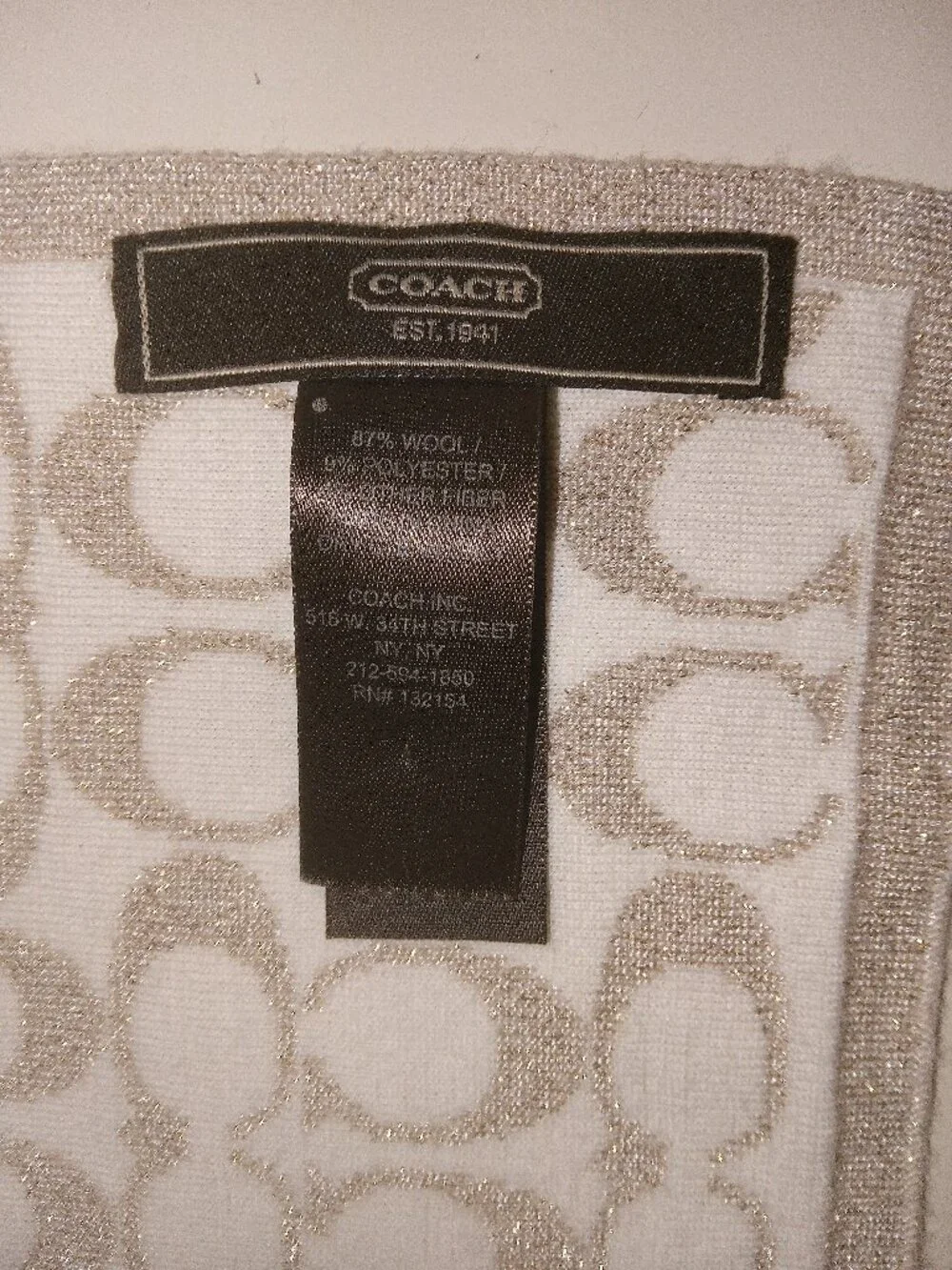 Coach Glitter Monogram Print Wool Blend Scarf beige/tan/gold EUC 48inches
